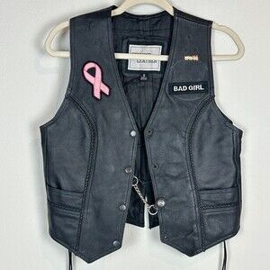 Leather Black Motorcycle Vest Skull Patches Pins Breast Cancer S